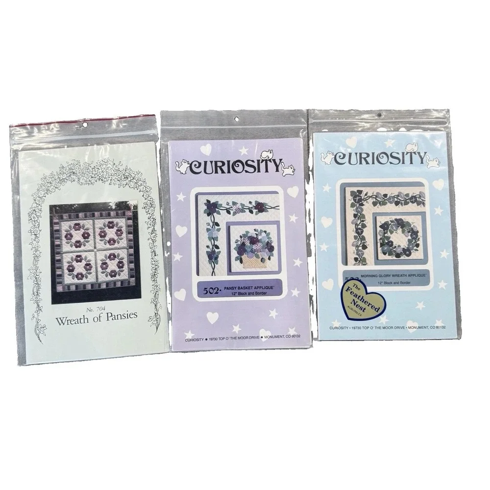 Lot 3 Vintage Quilt Patterns Floral Applique Pansy Morning Glory Wreath 1990s